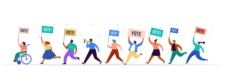 Group of people, walking with flags to elections. Crowd of women and men at a demonstration. Concept for election campaign, voting theme vector background. 