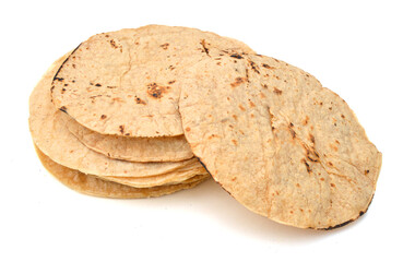 A stack of corn tortillas on a white background