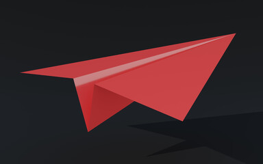 3D illustration paper plane taking off on a black background