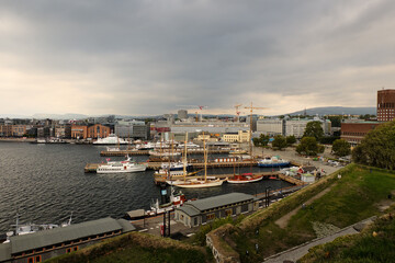 Fototapeta na wymiar Norway. Oslo. View from the fortress walls of the Oslo Fjord and the city. September 18, 2018
