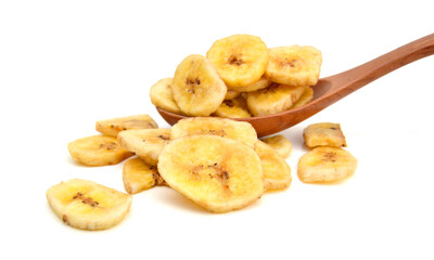 Banana chips in wooden spoon on white background