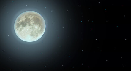 Horizontal banner or wallpaper with a bright moon and stars. The full moon is a horizontal background with copy space for your text or image. Magic moon. Night sky with a big moon.