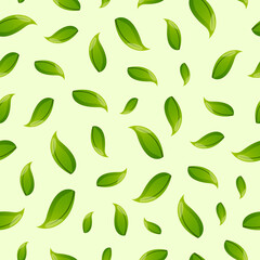 Green leaves on white seamless pattern.