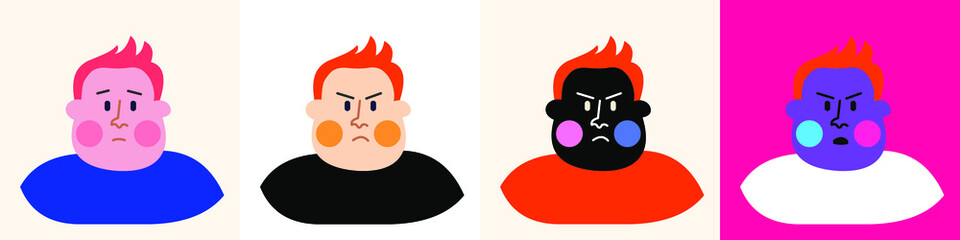 Angry fat boy. Colored pack. Avatar. Vector Flat Illustration
