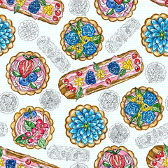 Seamless pattern of cute cakes with fruits and berries