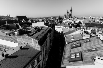 View from the roof of the old city of Krakow, Poland. Black and white photo.