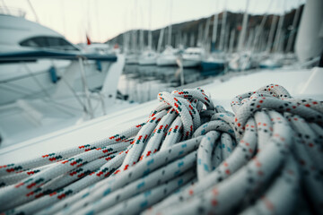 Close-up ropes and rigging on board the yacht in the sea marina.