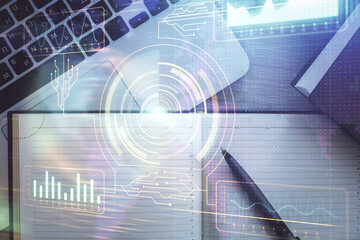 Multi exposure of data theme drawing hologram over topview work desk background with computer. Concept of technology.