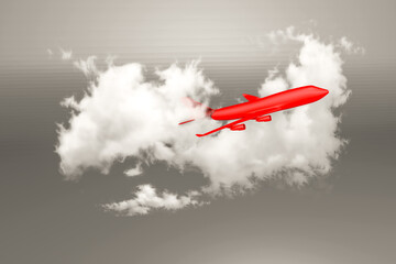 Naklejka na ściany i meble 3d rendering of business financial concept. Red plane go to success goal from clouds on gray sky. Start up, leadership, creative idea symbol. Copy space.