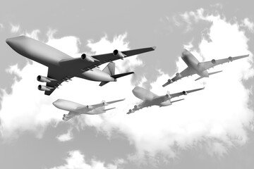 3d rendering of business financial concept. Planes go to success goal from clouds on gray sky. Start up, leadership, creative idea symbol. Copy space.