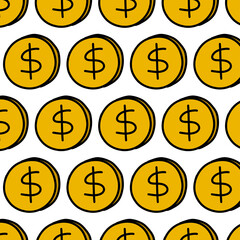 coin seamless doodle pattern, vector color illustration