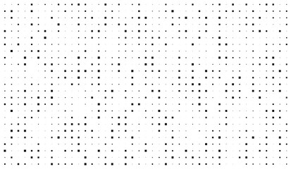 Abstract monochrome background with random square dots. Black and white halftone pattern. Stylish modern doted texture.
