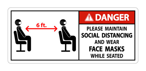 Danger Maintain Social Distancing Wear Face Masks Sign on white background