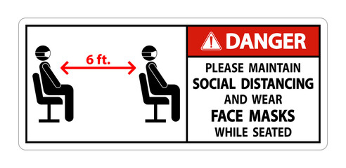 Fototapeta premium Danger Maintain Social Distancing Wear Face Masks Sign on white background