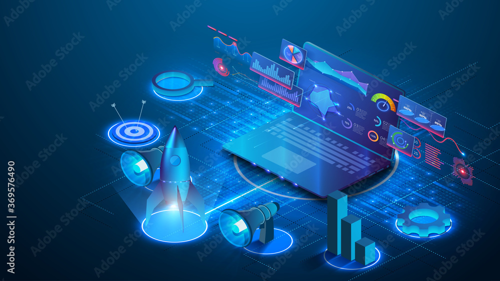 Poster Investment strategies and process isometric web banner. Web page design templates collection of business solution and analysis, startup, innovative ideas, investment. Laptop with business  charts