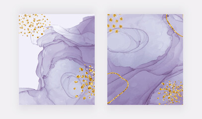 Purple alcohol ink texture covers with gold glitter confetti. Abstract hand painted watercolor background. 
