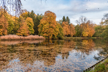 Autumn evening view of Royal Baths Park in Warsaw