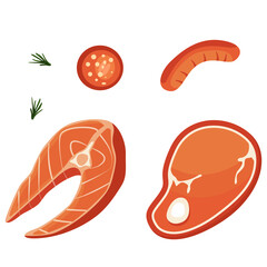 Sausage, steaks and rosemary on white isolated backdrop. Barbeque meat for invitation or gift card, notebook, grill bar logo, scrapbook. Phone case or cloth print. Flat style stock vector illustration