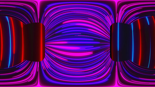 3d Rendering Of HDRI Cart Background. Computer Generated Abstract Composition Of Colored Neon Lines On Dark