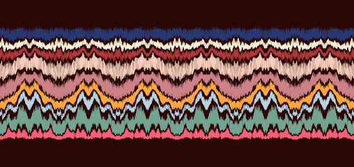 Ikat border. Geometric folk ornament. Ink on clothes. Tribal vector texture. Seamless striped pattern in Aztec style. Ethnic embroidery. Indian, Scandinavian, Gypsy, Mexican, African rug.