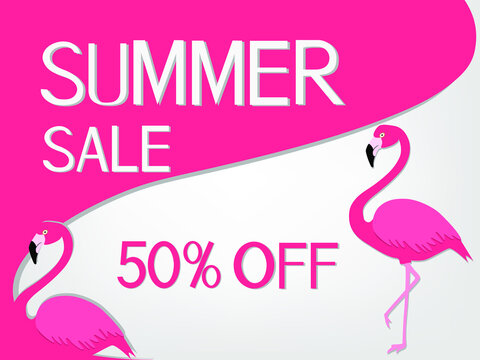 Summer sale banner with pink flamingo.