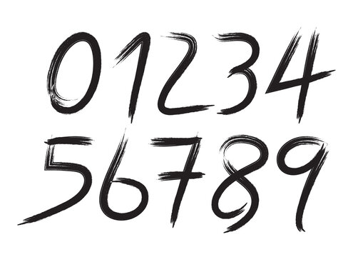 Black Numbers 0-9 written with a brush on a white background, Calligraphic, number vector set