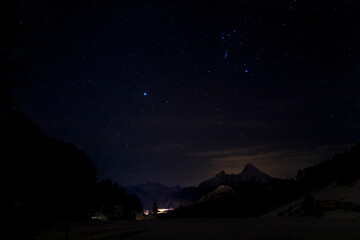 nightscape, night full of stars, sirius and orion over the church of Maria Gern, Berchtesgaden,...