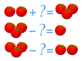 Action relationship of addition and subtraction, examples with tomatoes. Educational games for children.
