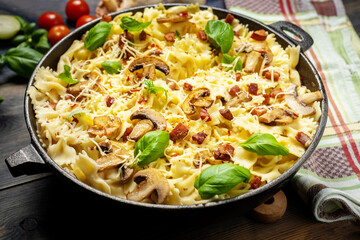 casserole  pasta with mushrooms, sausage and cheese