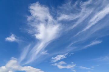 Stunning cirrus cloud formation panorama in a deep blue sky
