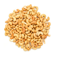 Roasted cashew nuts on white background