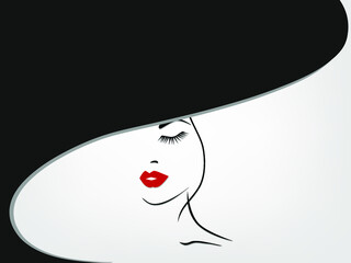 Black and gray background with woman in a hat.