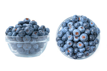 Different angles of bowl full of blueberries isolated on white background. Ripe blueberry plate. Organic and healthy food.