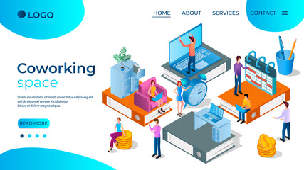 Coworking space.Business space for office workers.Freelance and collaborative work.Symbol for the distribution of roles in the team.Teamwork and time management.Flat isometric illustration.