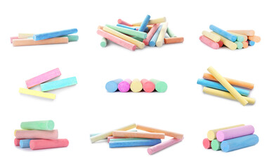 Fototapeta premium Set with colorful pieces of chalk on white background