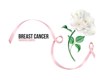 Breast Cancer poster template with pink ribbon and white rose on a white background