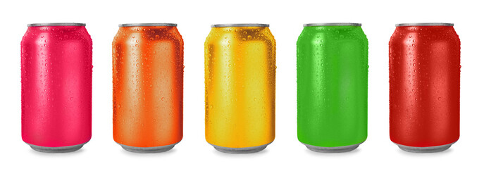 Set with aluminium drink cans in different colors on white background. Banner design