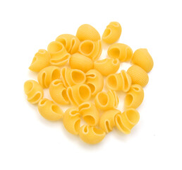 shell pasta in glass bowl, isolated on white background