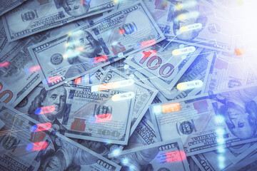 Double exposure of data theme drawing over us dollars bill background. Technology concept.