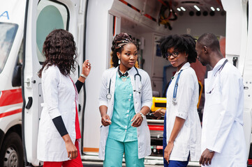 Group of african paramedic ambulance emergency crew doctors.
