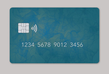 Here is a mock generic debit card or credit card with whips of smoke in cyan and yellow green color isolated on a grey background.