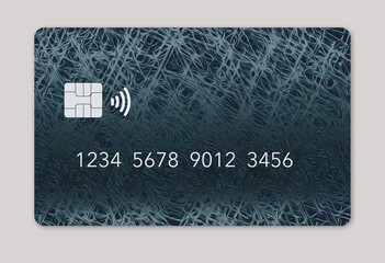 Here is a mock generic debit card or credit card with a design of heavy woven fabric that is a sliver cyan color on a grey background.