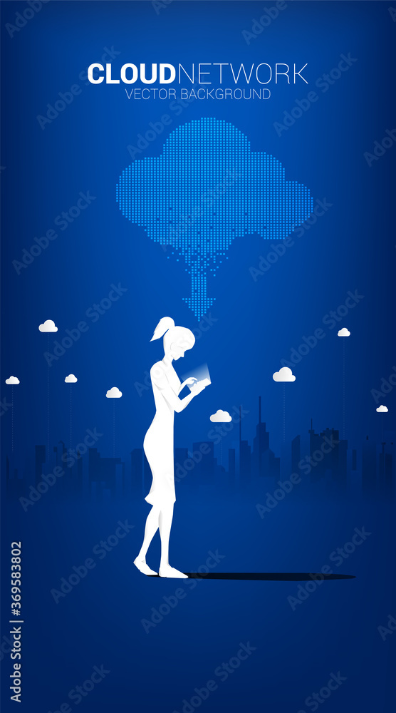 Poster silhouette of woman with mobile phone with cloud technology with city background. concept of cloud s