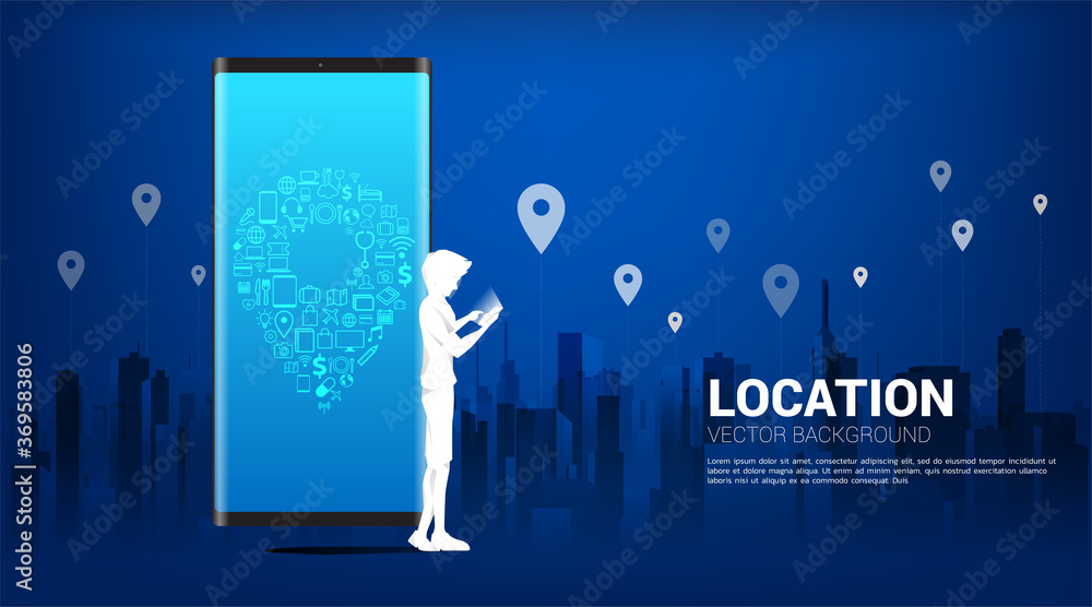 Poster silhouette of man with mobile phone and gps icon with city background. concept of location and facil