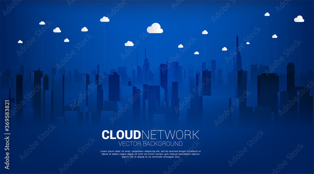 Poster cloud technology with city background. concept of cloud server, storage and data transformation.
