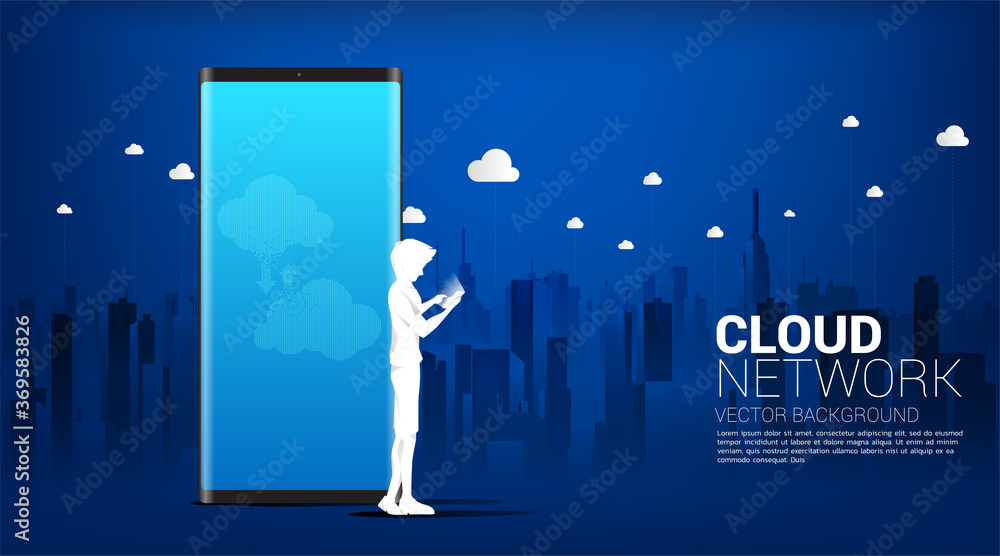 Poster Silhouette of man with mobile phone with Cloud technology with city background. Concept of cloud server, Storage and data transformation.