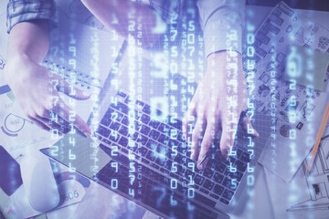 Double exposure of man and woman working together and data theme hologram drawing. Computer background. Top View.