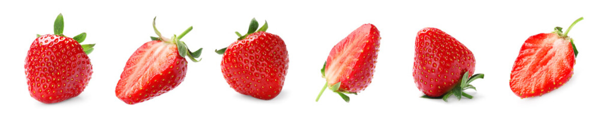 Set with delicious sweet strawberries on white background. Banner design