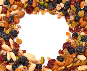 Mix nuts, dry fruits and grapes on a white background