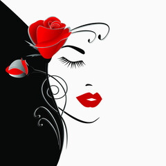  Illustration of beauty black and white floral background with a bouquet of roses and woman portrait.